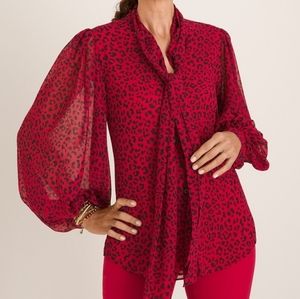 New Chico's Red Animal Print Bow Blouse, Small